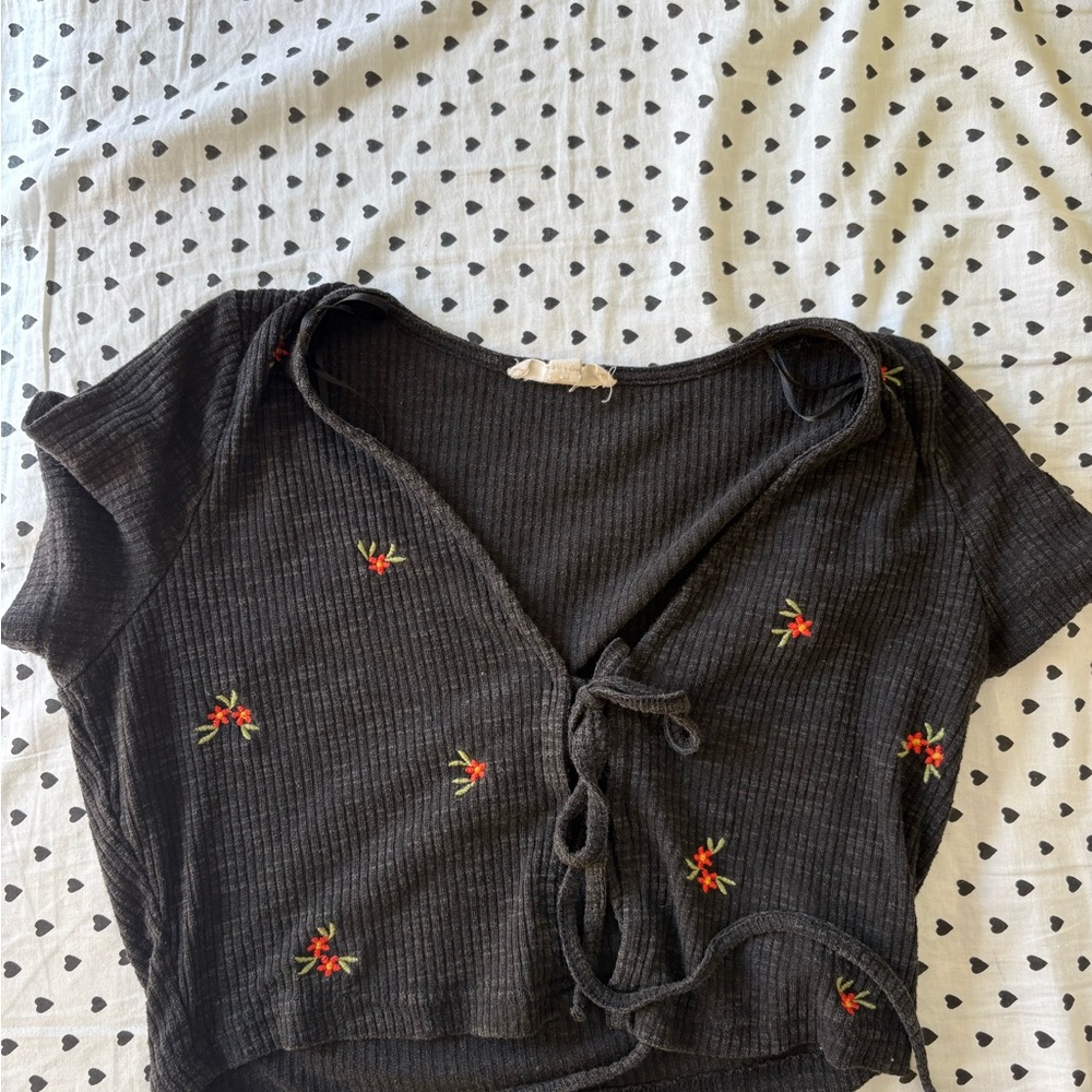 Black Floral Tie-Front Women Top